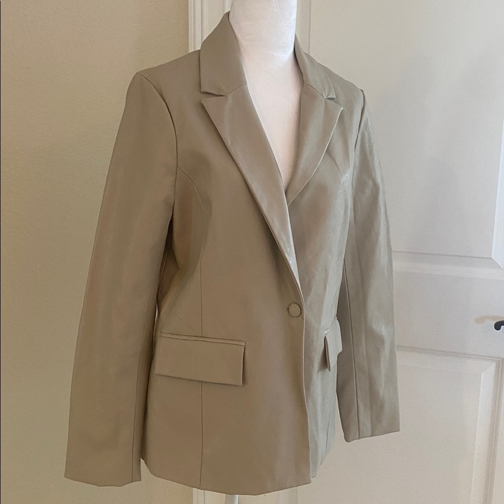 Beige Faux Leather Blazer Jacket by Le Lis